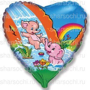 Воздушный шар (18''/46 см) Сердце, Веселые слонята, 1 шт.