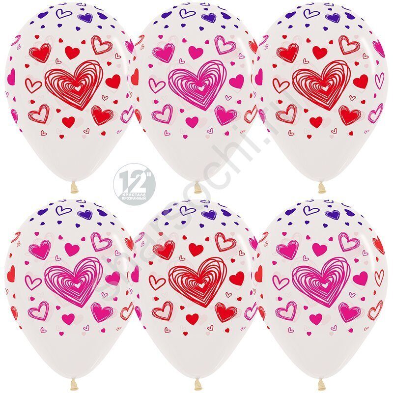 Воздушный шар (12''/30 см) Разноцветные сердца, Прозрачный (390), кристалл, 5 ст, 50 шт.