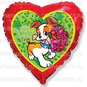 Воздушный шар (18''/46 см) Сердце, Собака с букетом, Красный, 1 шт.