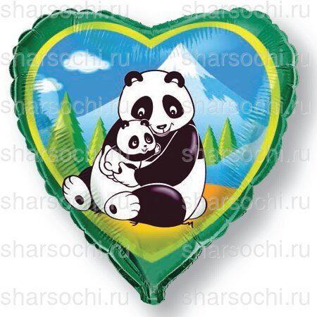 Воздушный шар (18''/46 см) Сердце, Панды, Зеленый, 1 шт.